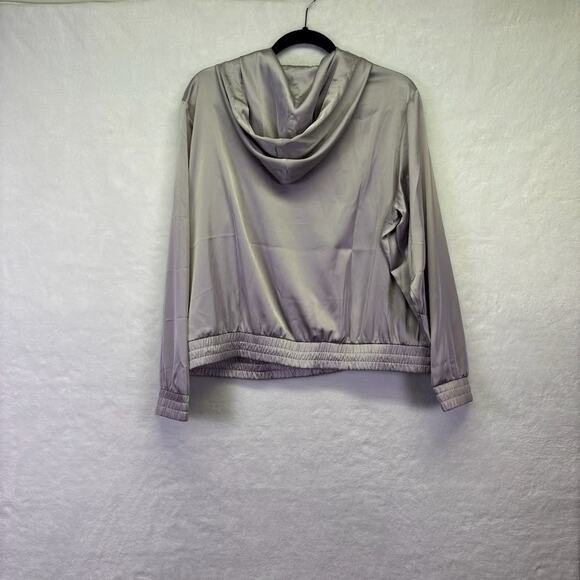 Express Shiny Satin Hoodie Pullover Size XL Silver Metallic Drawstring - Picture 3 of 8